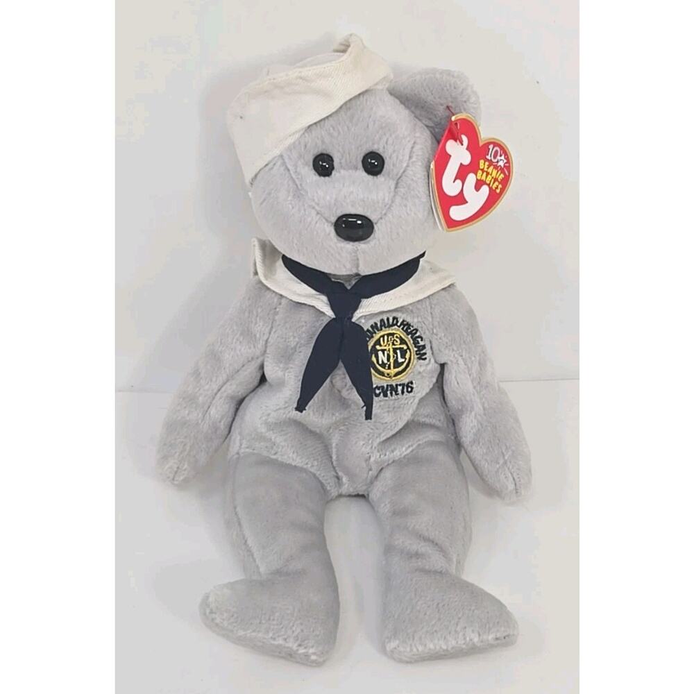 2003 Ty Beanie Baby Ronnie Retired USS Ronald Regan CVN76 Grey Sailor Bear BB30